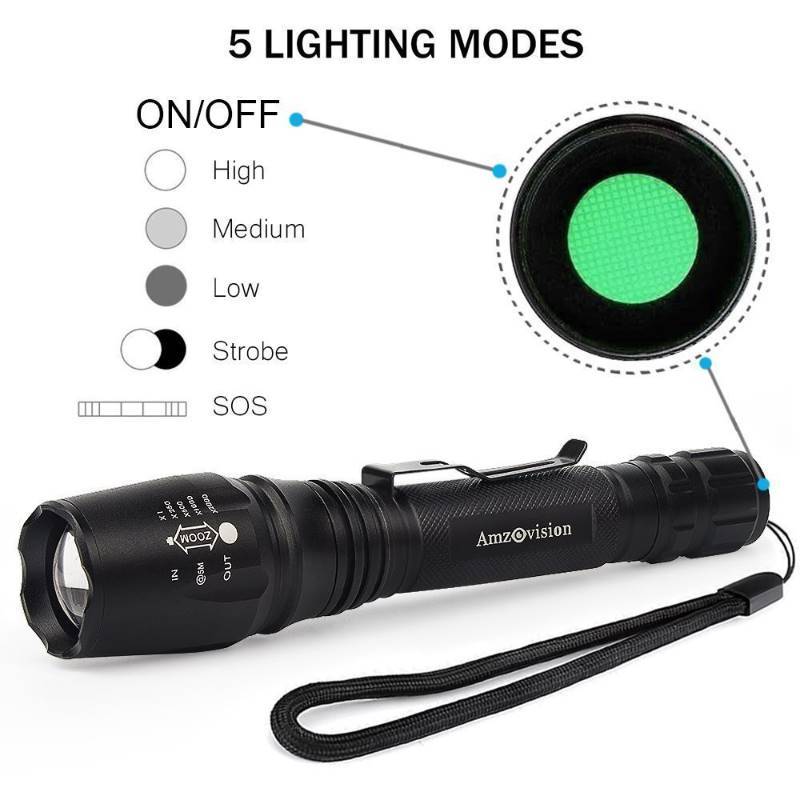 lot 404 image: New Amz vision Portable Ultra Bright LED Handheld Tactical Flashlight Zoomable Adjustable Focus 5 Light Modes Water Resistant Torch with 18650 Rechargeable Battery and Charger