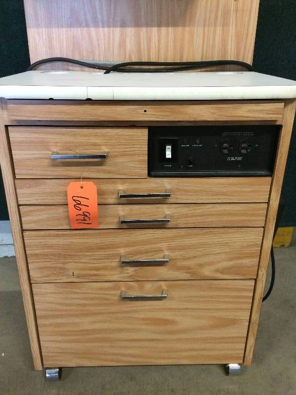 lot 47 image: Retails Used $1400 SMR Maxi Mobile Golden Oak Wood Motif Laminate ENT Ears, Nose & Throat Treatment Cabinet Equipped With TWin Motors 5 Drawers Model 41001 Super Condition