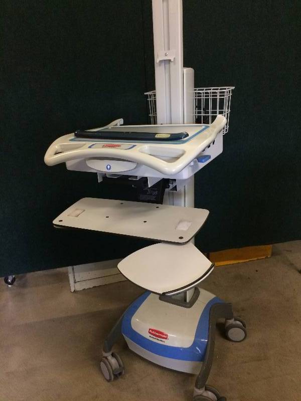 lot 66 image: WOWOW Retails NEW $4000 This is the Ergotron of Your FANTASIES Powered Light Up Rubbermaid Adjustible Sit Or Stand Computer Laptop Cart - Comes With Everything You See Super Condition