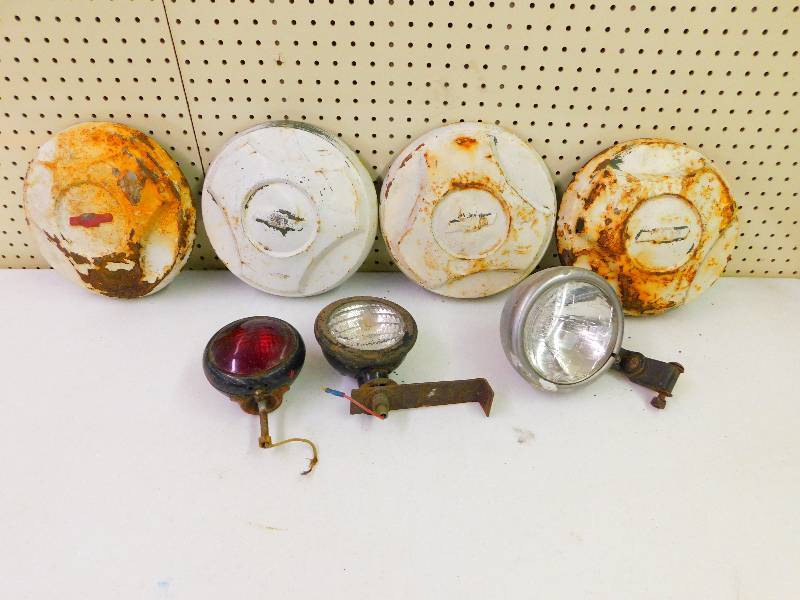 PAINTED CHEVY HUBCAPS AND TRACTOR LIGHTS