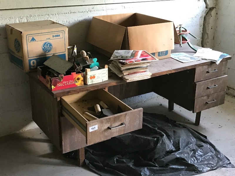 lot 40 image: Vintage Wooden Desk With Contents