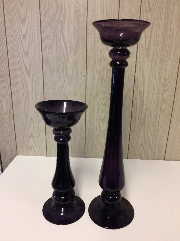 lot 1 image: Tall Dark Purple Glass Candle Holders 26 & 16