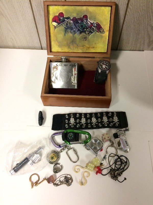 lot 16 image: Wood Horse Racing Box filled with Mens jewelry, trinkets