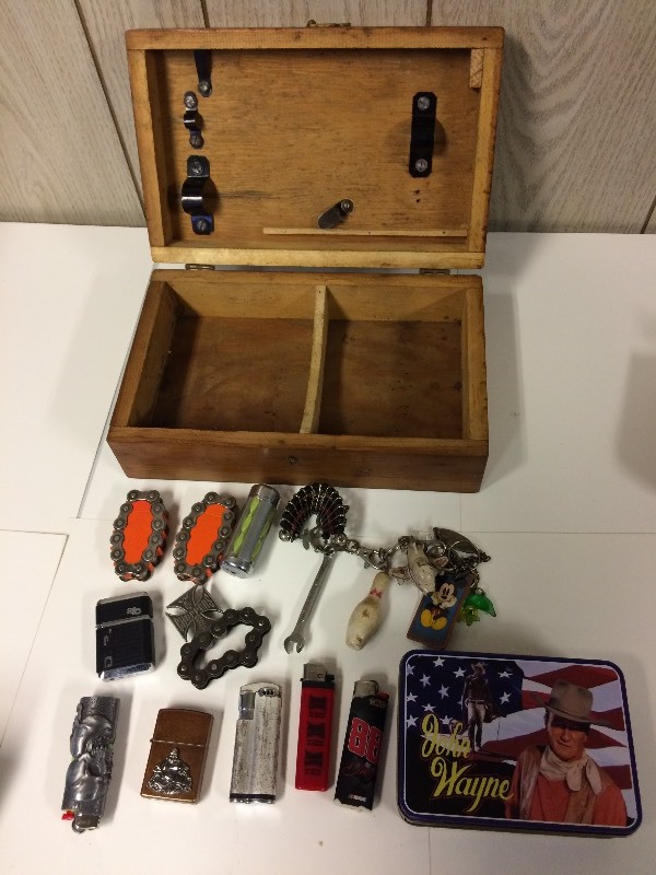 lot 54 image: Old Wooden Box with Lighters - Zippo