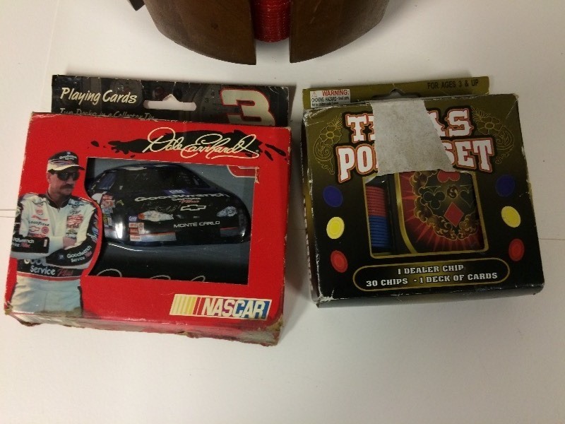 lot 65 image: Vintage Poker Chip Set plus Earnhardt Playing Cards & Texas Poker Set