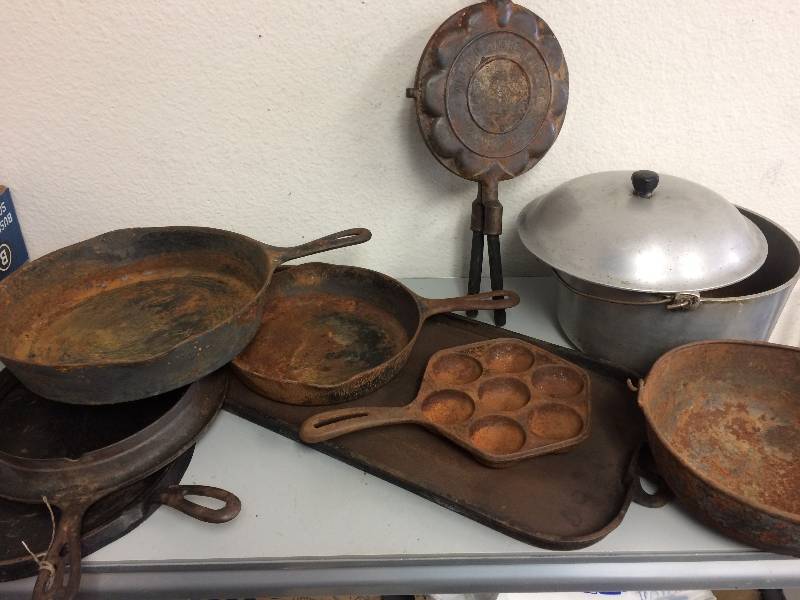 lot 18 image: Assorted Vintage Cast Iron Pans and More