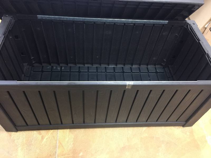 lot 1 image: Keter Glenwood Plastic Deck Storage Container Box Outdoor Patio Furniture 101 Gal, Brown  slight damage see pictures