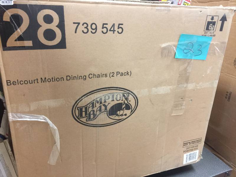 lot 23 image: Hampton Bay Belcourt Swivel Rocking Metal Outdoor Dining Chair with Spa Cushion (2-Pack.) open box never used