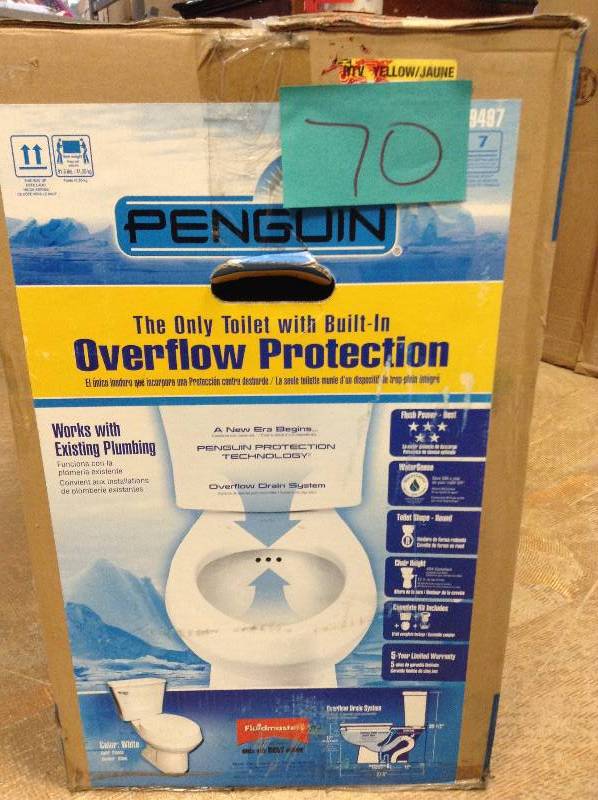 lot 70 image: Penguin Toilets White 1.28-GPF (4.85-LPF) 12-in Rough-In WaterSense Round 2-Piece Comfort Height Toilet