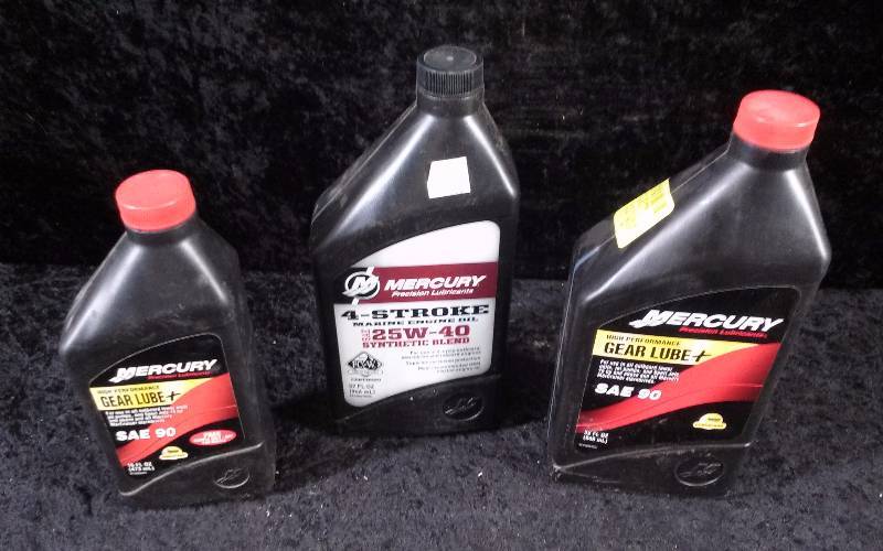 lot 487 image: OIL - Lot of 3 - (2) Mercury High Performance SAE 90 & (1) Mercury 4-Stroke Marine, 25W-40