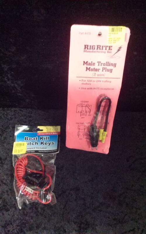 lot 931 image: Lot - (1) RigRite Male Trolling Motor Plug #470 & (1) Kwik Tek Boatkill Switch Keys