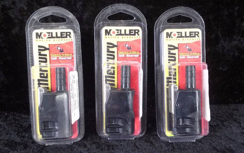 lot 1001 image: (3) Moeller Tank Connector, Mercury, 38 Barb-Female, 2-Prong Clip Style, PN 033486-10