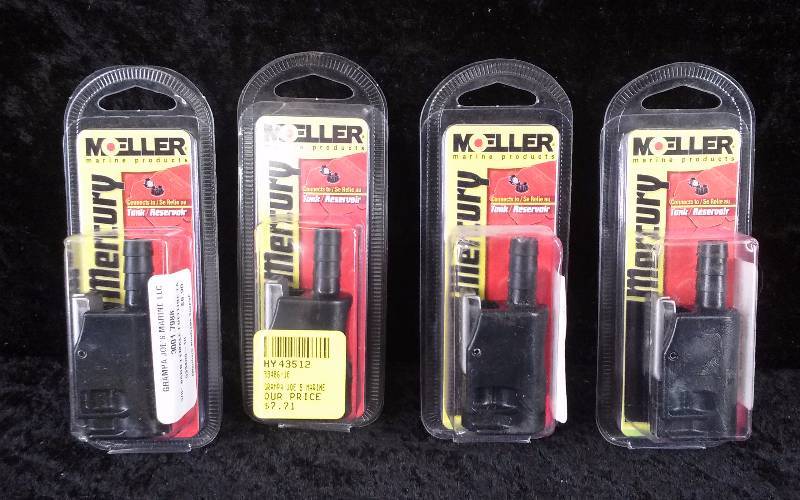 lot 1002 image: (4) Moeller Tank Connector, Mercury, 38 Barb-Female, 2-Prong Clip Style, PN 033486-10