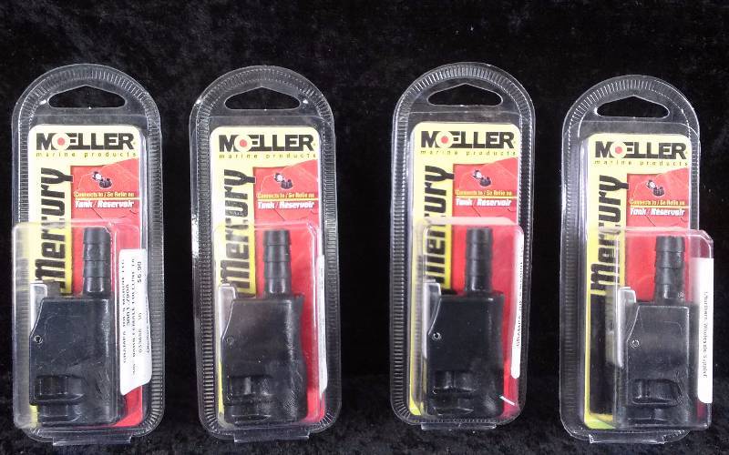 lot 1003 image: (4) Moeller Tank Connector, Mercury, 38 Barb-Female, 2-Prong Clip Style, PN 033486-10