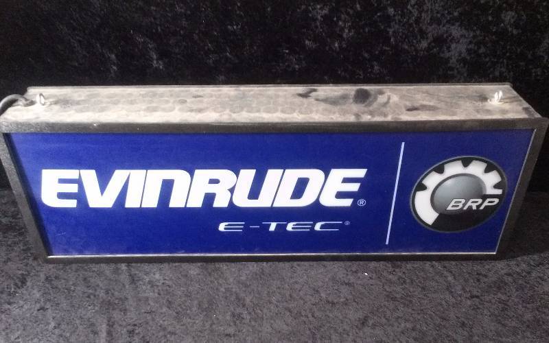 lot 1141 image: Evinrude E-Tec Lighted Advertising Sign, Double Sided, Hanging, Works, 37 x 6