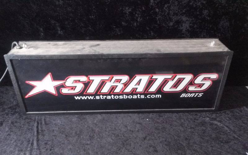 lot 1142 image: Stratos Lighted Advertising Sign, Double Sided, Hanging, Needs Bulb, 37 x 6