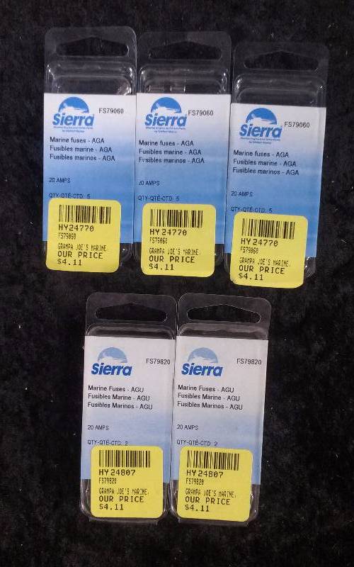 lot 1229 image: Lot - Sierra Marine Fuses (3) AGA, 20amp, FS79060 & (2) AGU, 20amp, FS79820