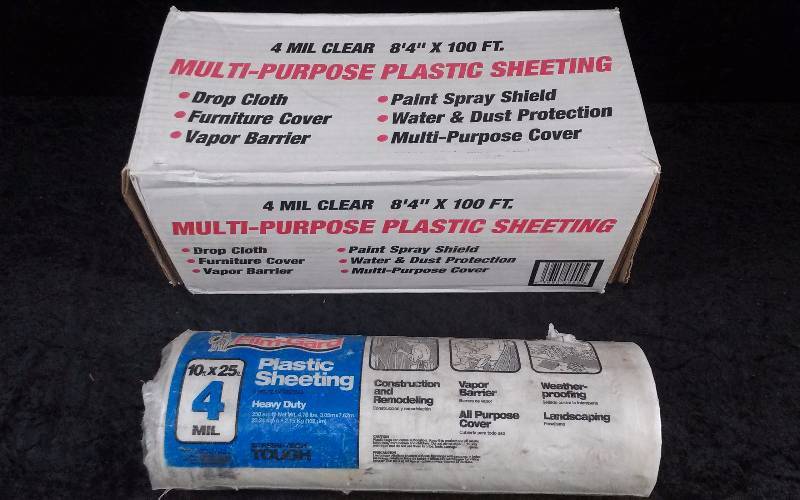 lot 1346 image: Lot - 4 Mil Plastic Sheeting (1) Multi Purpose 84 x 100ft (1) Film-Gard 10x25