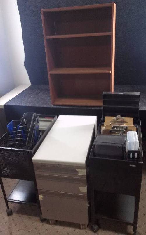 lot 1491 image: Lot - Office Equipment, Rolling File Carts, Bookcase, File Cabinet