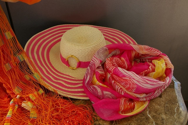 lot 46 image: Pink Sun Hat, Two Infinity Scarves, Two Howards Scarves, Necklace and Ring