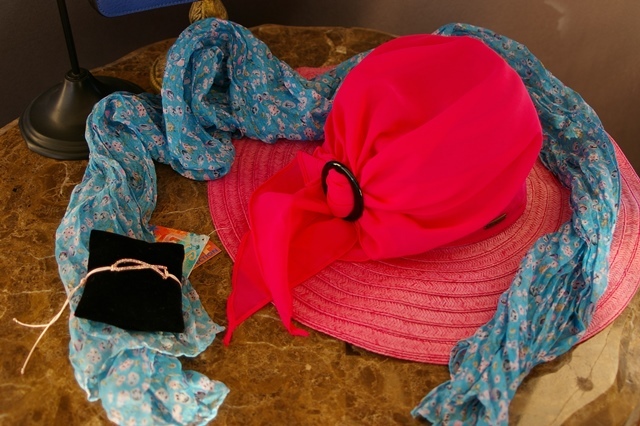 lot 48 image: Blue Cross Body Purse with Ring and Chain Accents, Pink Sun and Sand Hat, Scarf and Infinity Scarf, Bracelet and Blue Earrings