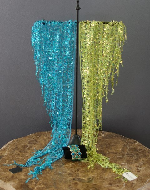 lot 38 image: Two Howards Scarves (Lime Green and Sky Blue) and Stretch Bracelet (Blue and Aqua)
