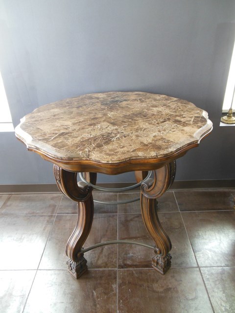 lot 4 image: Marble Top Table with Wood and Metal Base