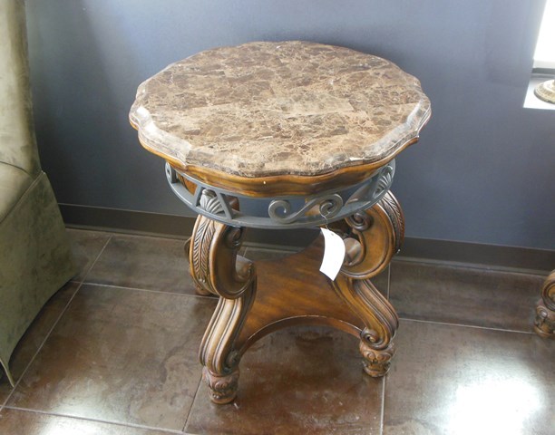 lot 18 image: Marble Top Table with Dark Wood and Metal (Matches Lot 94 )
