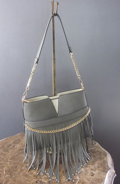 lot 34 image: Grey  Taupe Shoulder Bag  Purse with Chain and Fringe