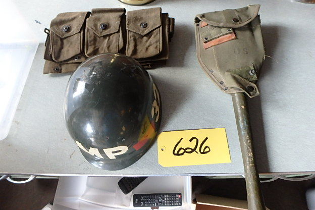 lot 626 image: MP Helmet, Shovel, Ammo Belt