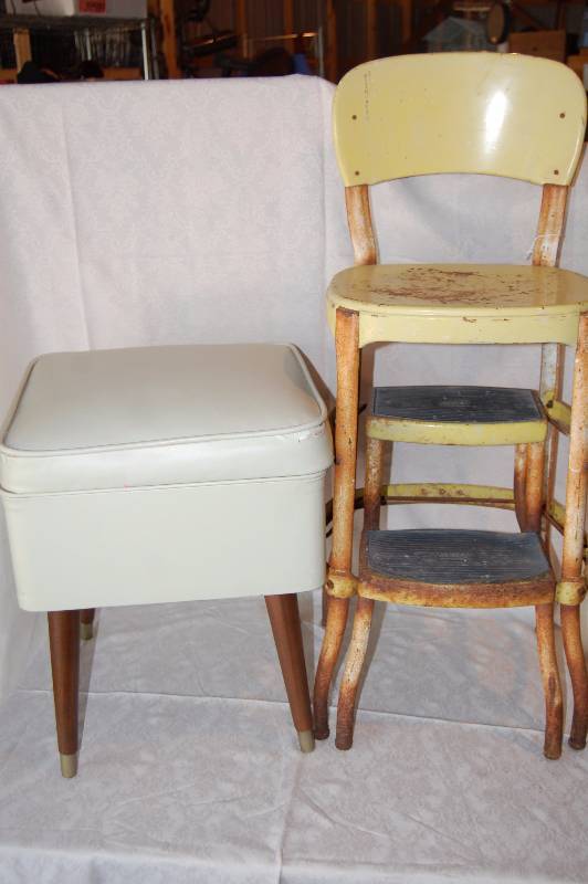 Vintage Metal Step Stool and Ottoman with Storage