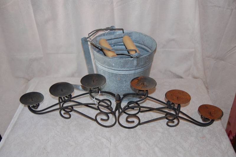 Vintage Mop Bucket and Metal Candle Holder