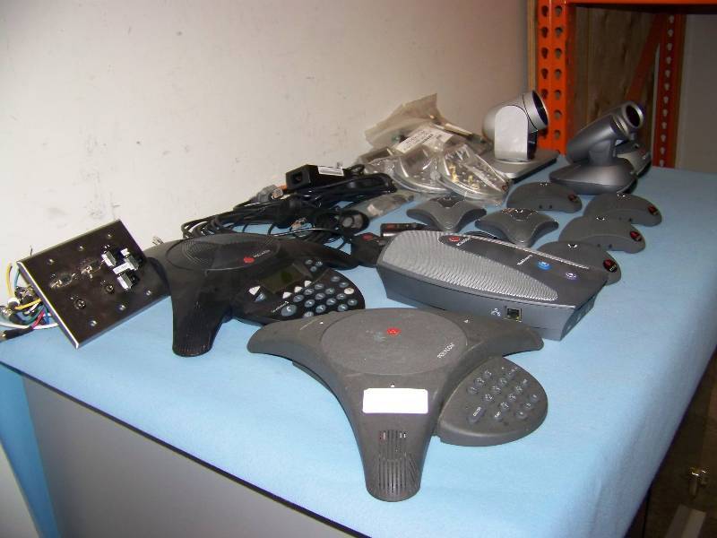 lot 70 image: (LARGE LOT) Polycom, Teleconferencing Telephones  Phones, Video Cameras, Mic Pods, Cables and more