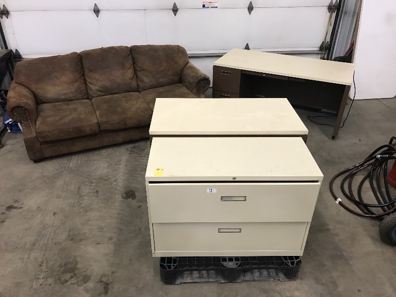 lot 13 image: Sofa, Computer Desk, File Cabinet