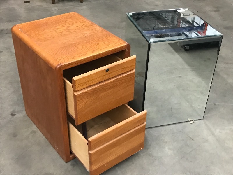 lot 44 image: Wooden Cabinet & Mirrored Side Table