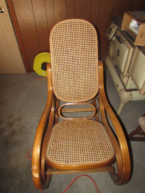 lot 3 image: VINTAGE ROCKING CHAIR WITH CANE BACK AND SEAT