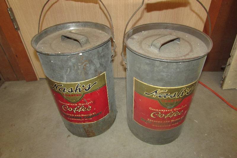 lot 40 image: TWO VINTAGE NASHS COFFEE GALVANIZED CANS