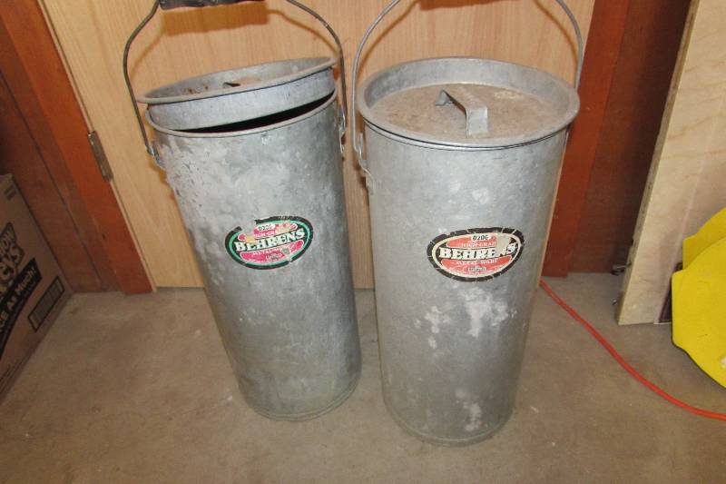 lot 41 image: TWO VINTAGE GALVANIZED CANS WITH LIDS, HIGHGRADE BEHRENS METALWARE