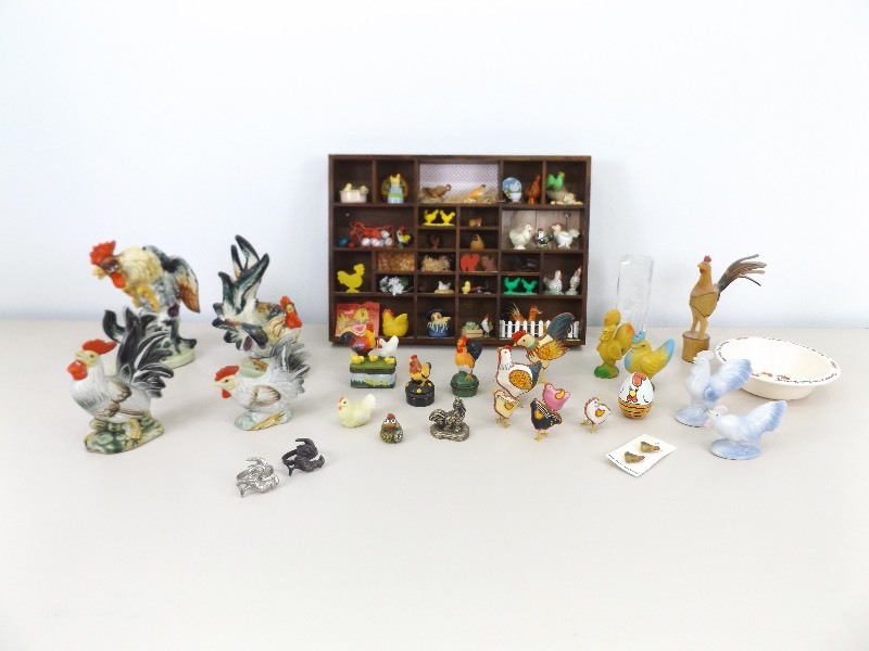 Large Lot of Porcelain, Metal, etc. ChickenRooster Figurines