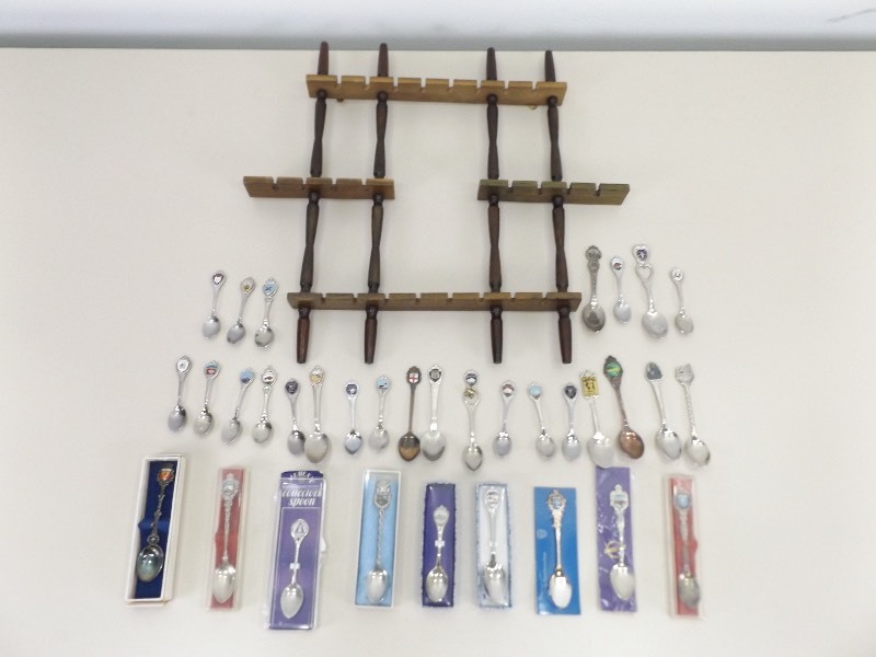 Large Lot of Vintage World Wide Souvenir Spoons, Wood Display Rack