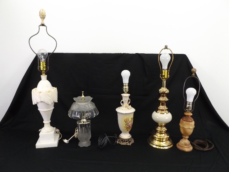 Lot of 5 Vintage Marble, Porcelain, Crystal etc. Lamps