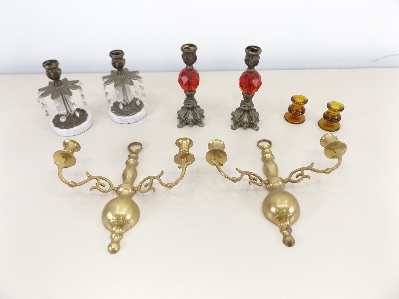 Lot of Vintage Metal, Brass, Glass etc. Candle Sconces, Holders, etc.
