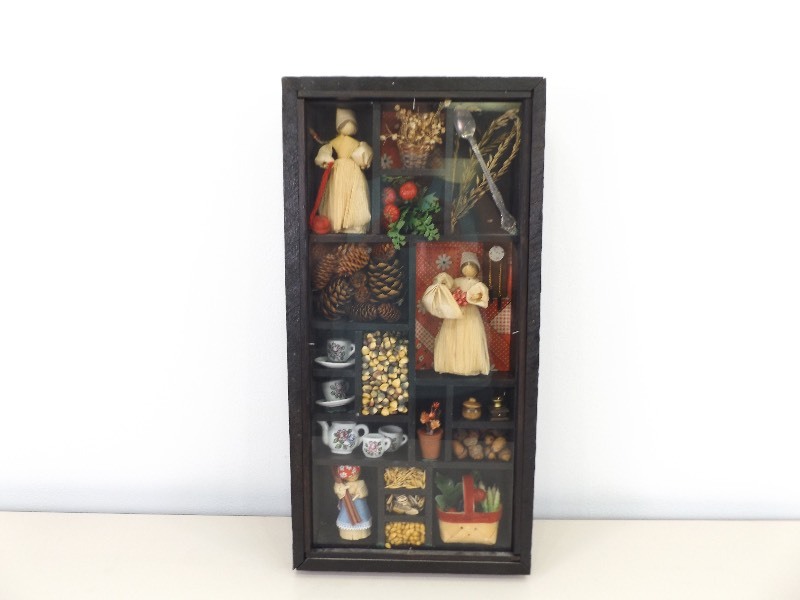 Vintage Wood Farm Themed Shadow Box of Figurines, Seed Art, etc.