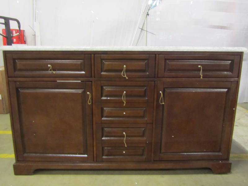 lot 49 image: Highclere 60 in. W x 22 in. D Vanity in Cocoa with Natural Marble Vanity Top in Carrera White with White Basin