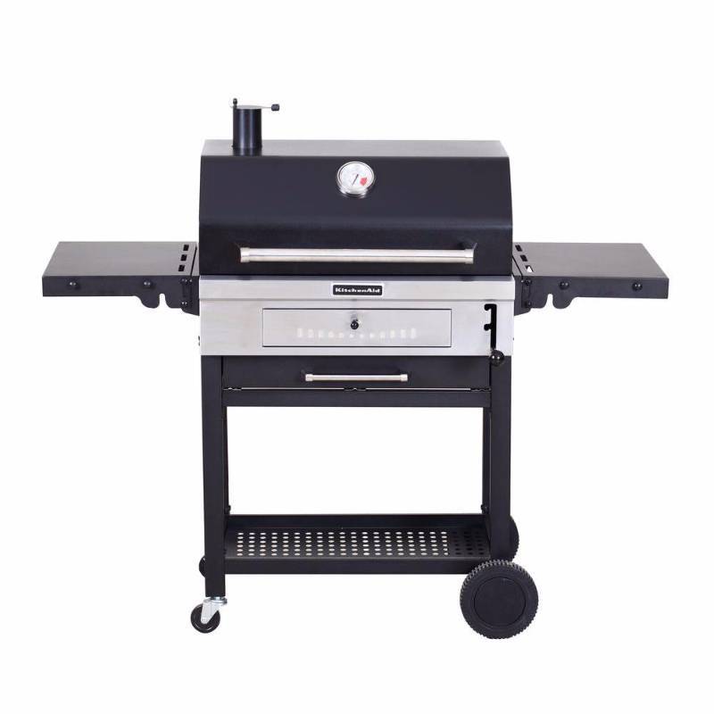 lot 31 image: KitchenAid Cart-Style Charcoal Grill in Black with Foldable Side Shelves