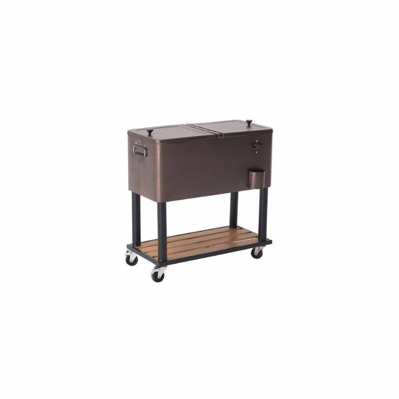 lot 28 image: 80 Qt. 4 Wheeled Hammered Copper Cooler with Bottle Opener
