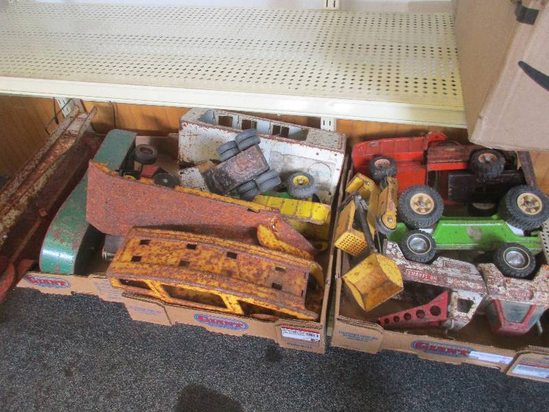 3 boxes of vintage metal Tonka toys and other metal toys for parts or restoring