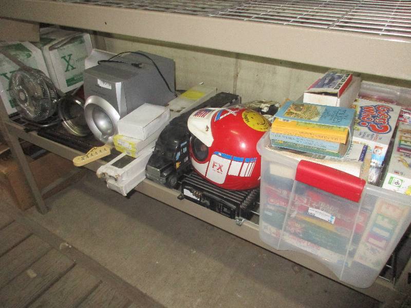 everything on shelf - tote of games and books - blinds - helmet - kicker amp - powered sub and more