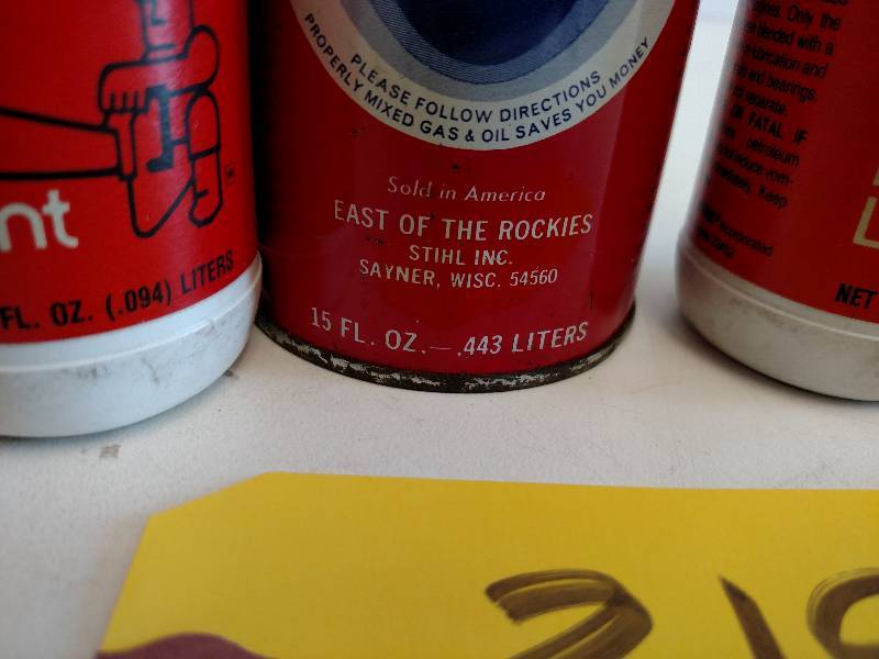lot 319 image: (5) Vintage Stihl Oil CansBottles,...