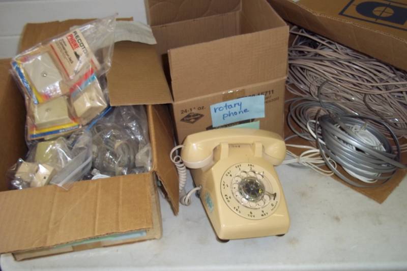 lot 68 image: Vintage Rotary Phone, Large Box of Phone Cables, Phone Conversion Jacks
